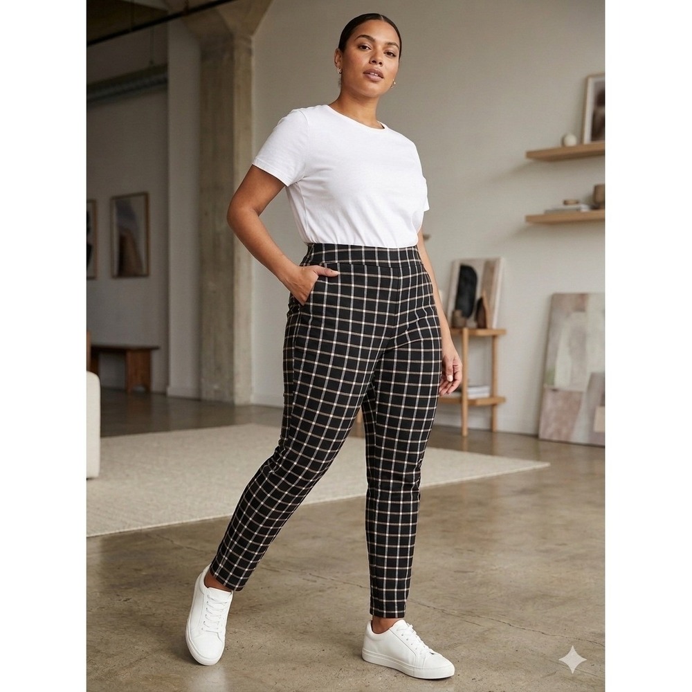 Style & Co Womens XL Black Tan Windowpane Plaid Pull On Skinny Pants Trousers